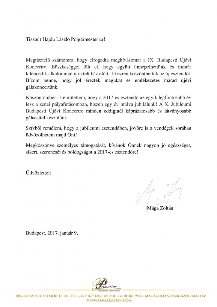 Mága Zoltán hegedűművész levele
